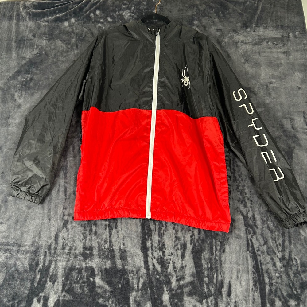 Spyder Windbreaker Jacket Mens L‎ Black Red Full Zip Mesh Lined SPSFD023-001-PC